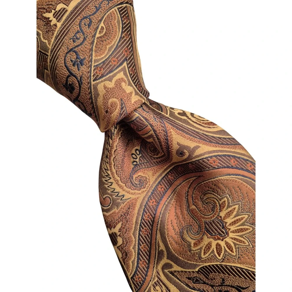 Chelsea by Robert‎ Talbott Mens Silk Paisley Tie Gold Copper Blue Handsewn USA